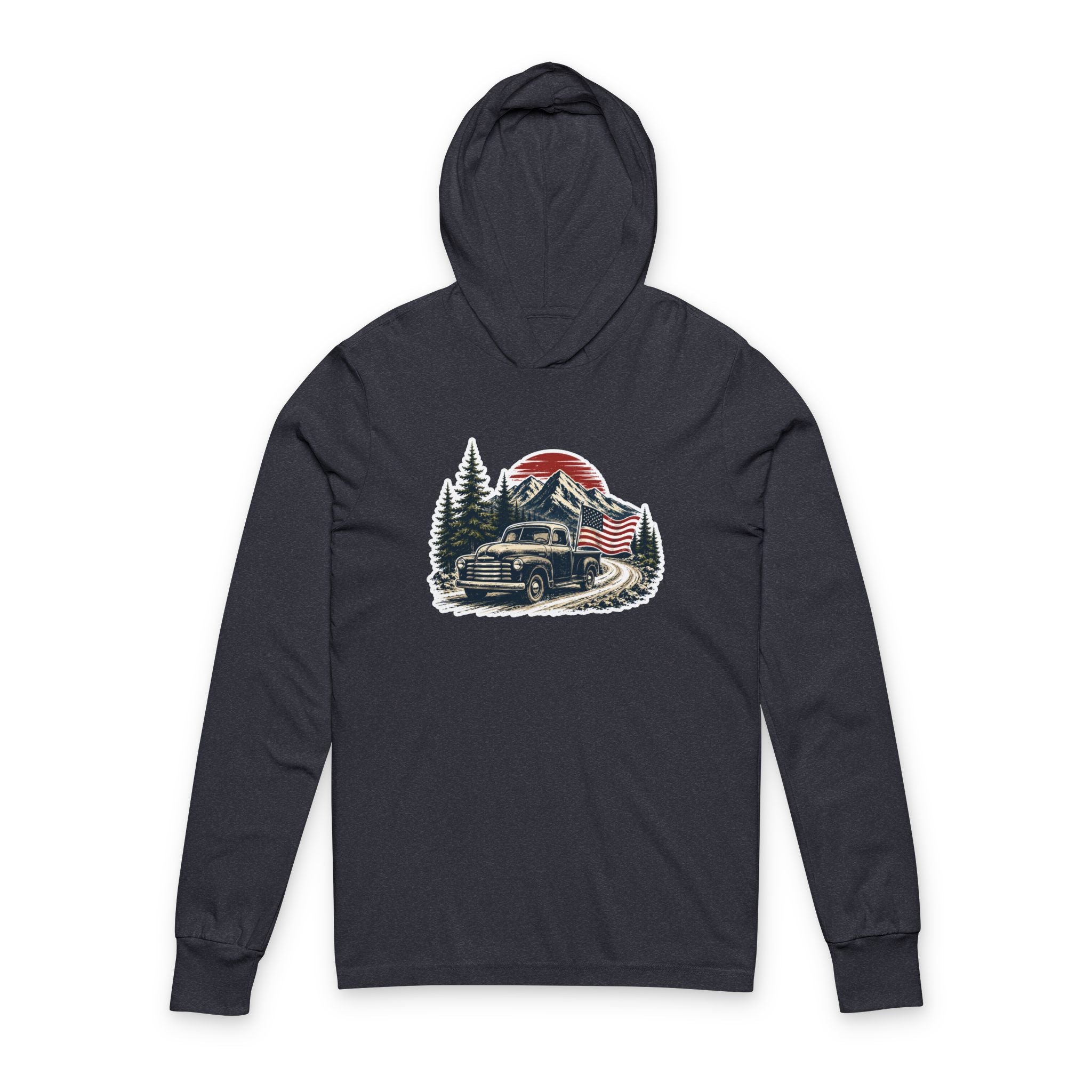 Vintage American Truck Hoodie Tee — Patriotic Forest Sunset Long Sleeve