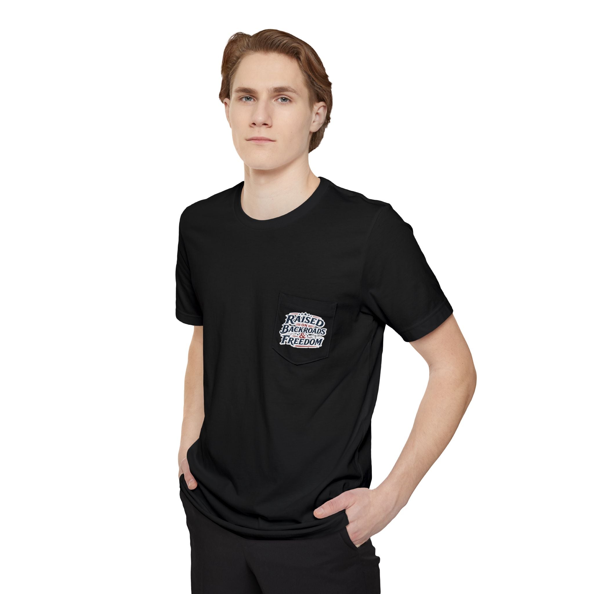 Pocket Tee — "Raised by Backyard Freedom" Casual Graphic T-Shirt