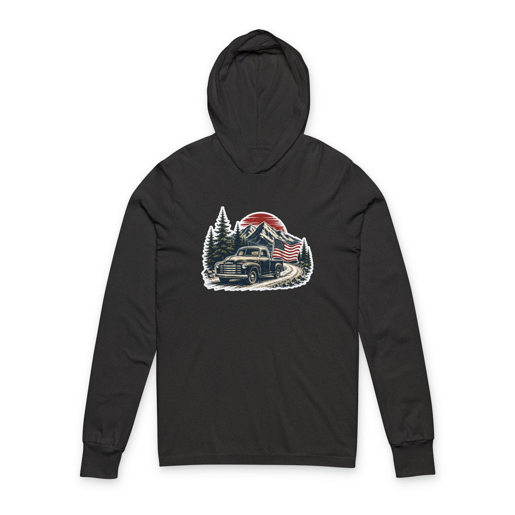 Vintage American Truck Hoodie Tee — Patriotic Forest Sunset Long Sleeve
