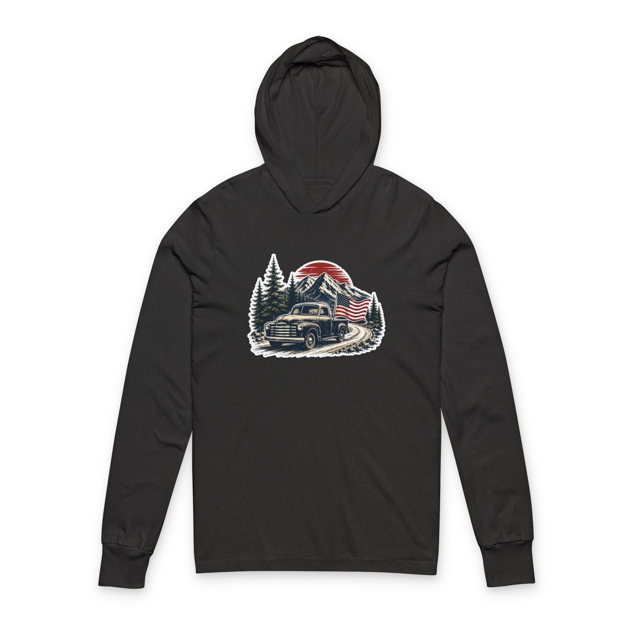 Vintage American Truck Hoodie Tee — Patriotic Forest Sunset Long Sleeve