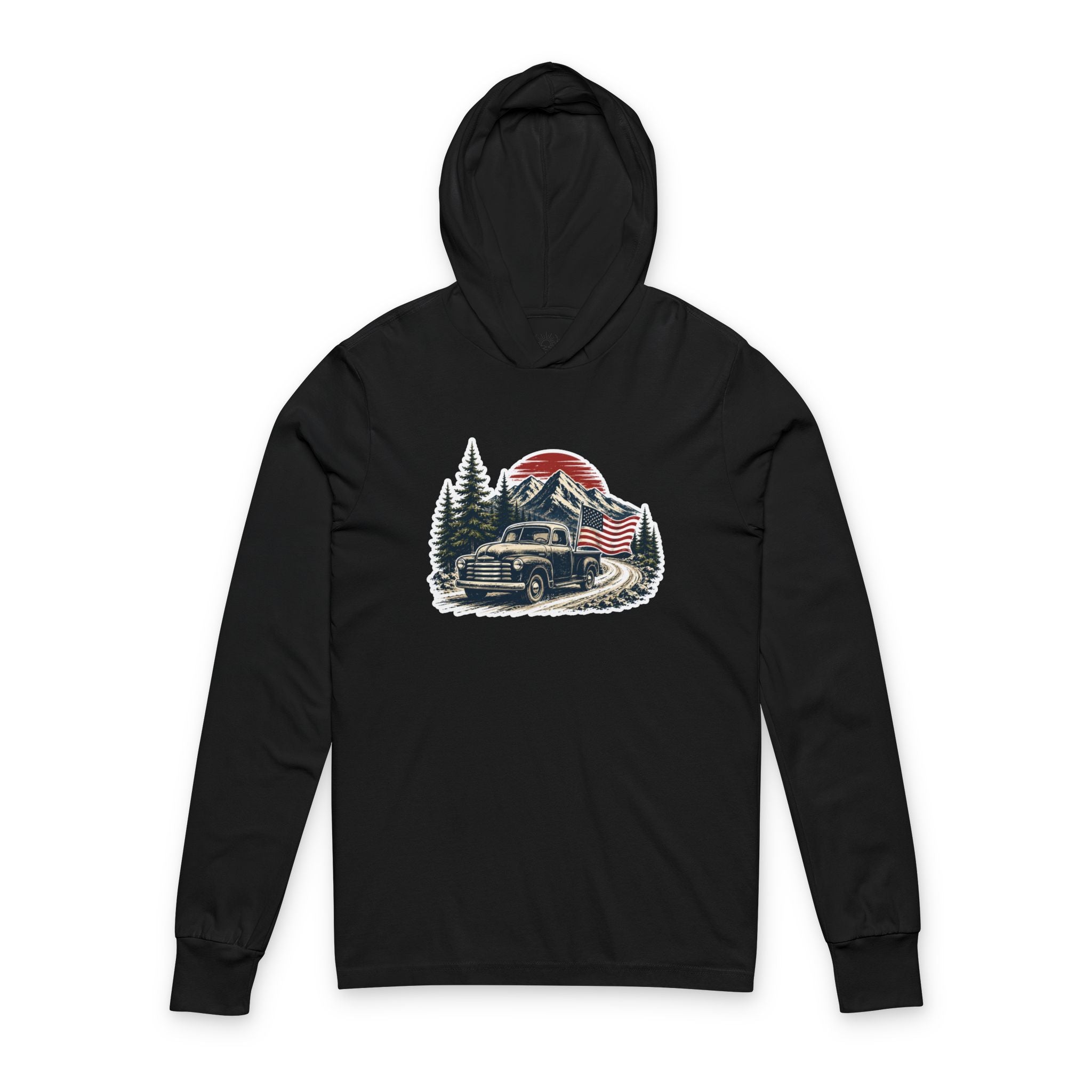 Vintage American Truck Hoodie Tee — Patriotic Forest Sunset Long Sleeve