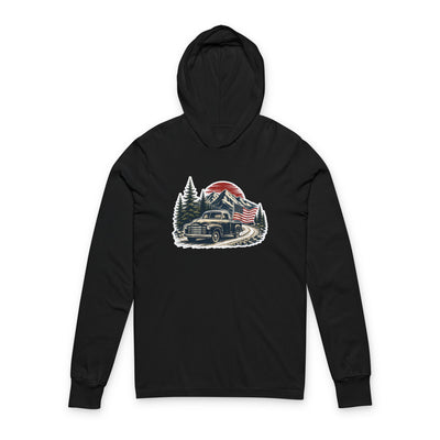 Vintage American Truck Hoodie Tee — Patriotic Forest Sunset Long Sleeve