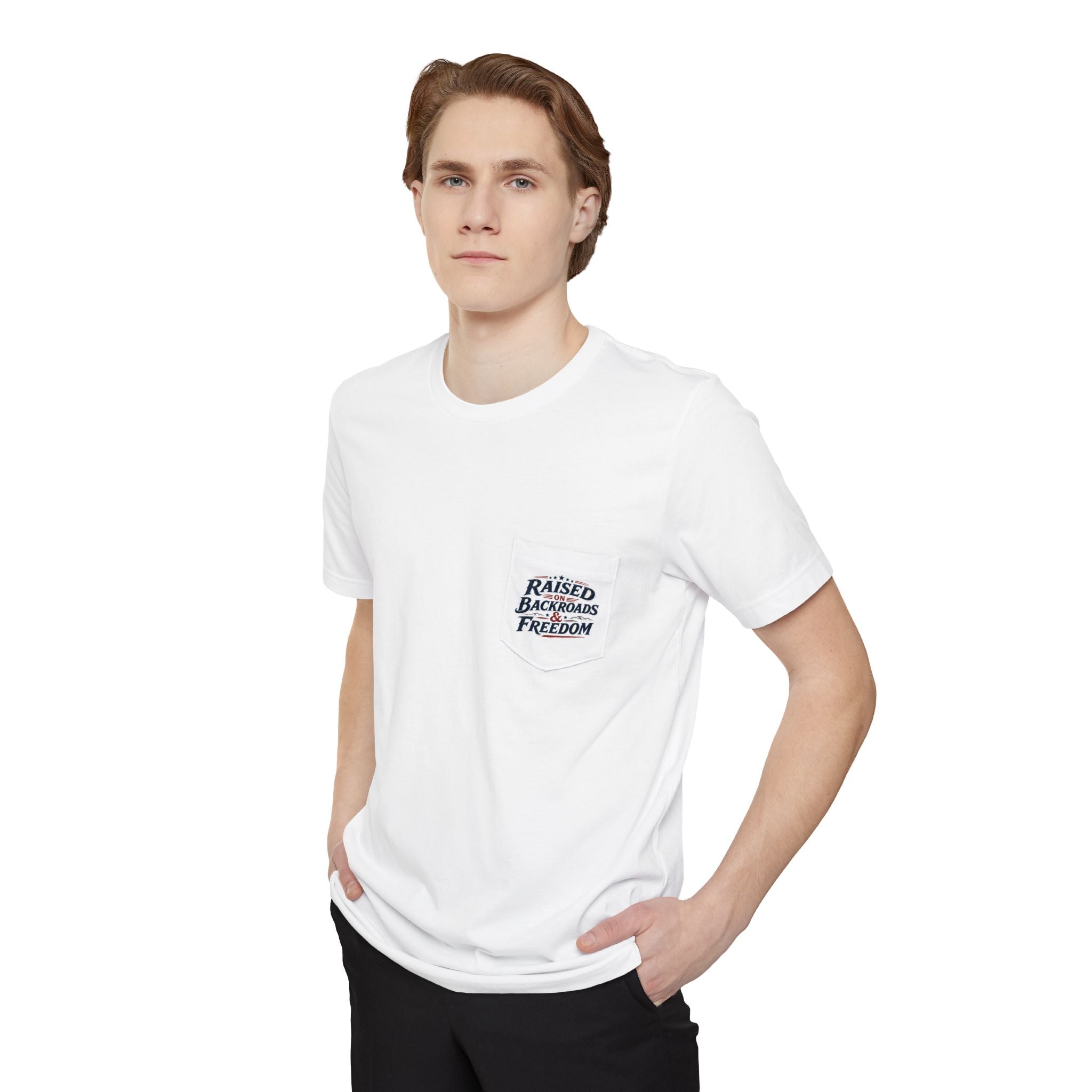 Pocket Tee — "Raised by Backyard Freedom" Casual Graphic T-Shirt