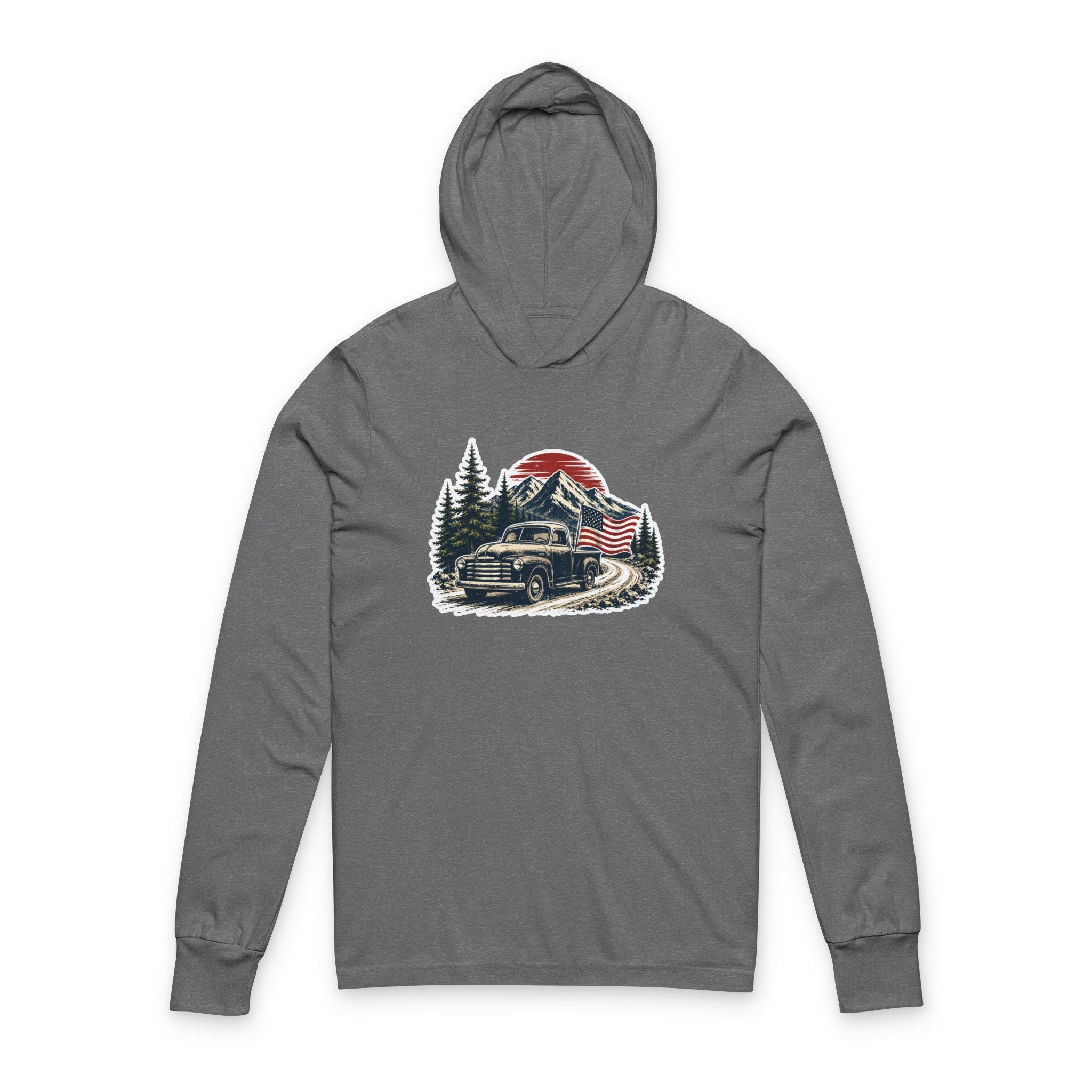Vintage American Truck Hoodie Tee — Patriotic Forest Sunset Long Sleeve