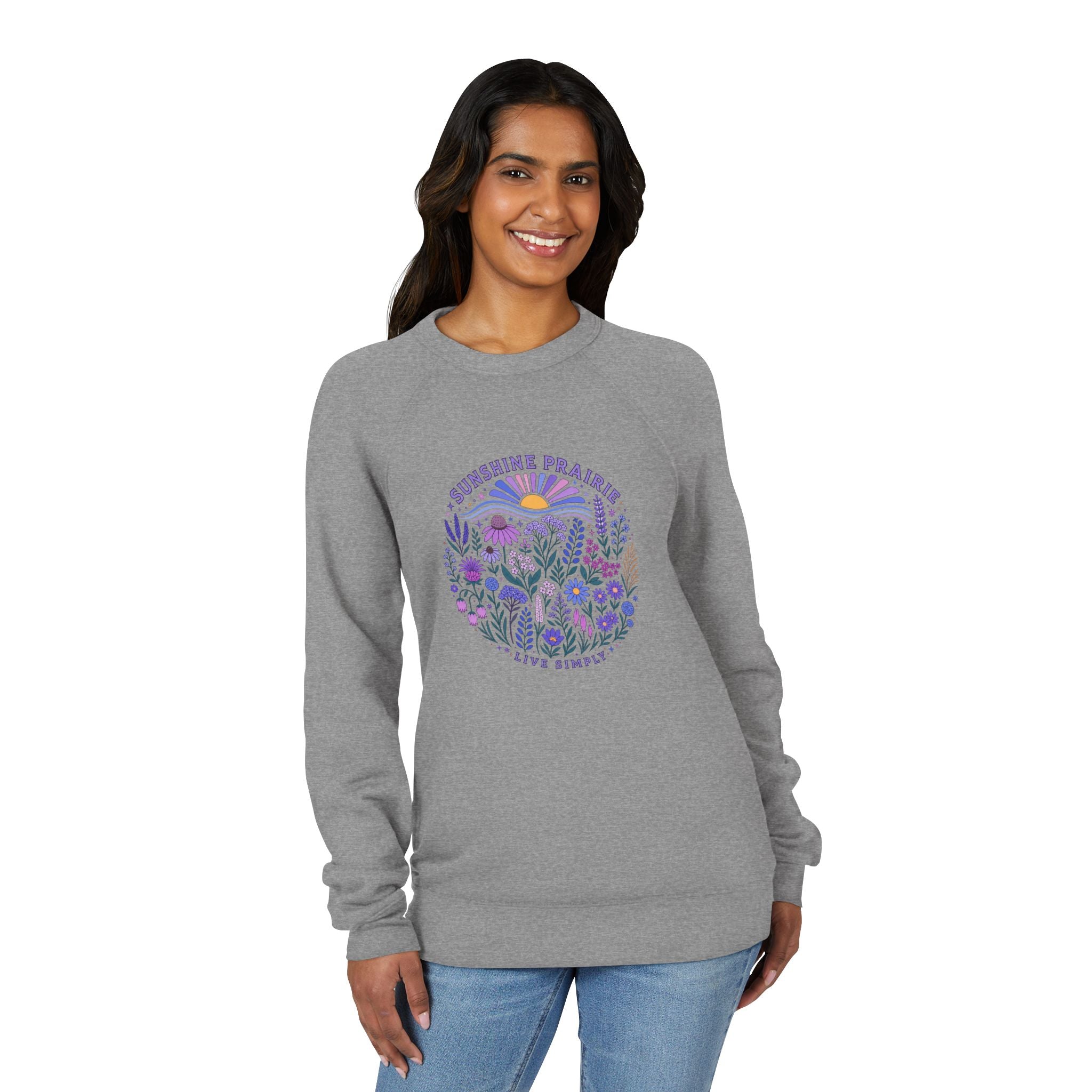 Sunshine Prairie Purple & Blues Fleece Raglan Sweatshirt